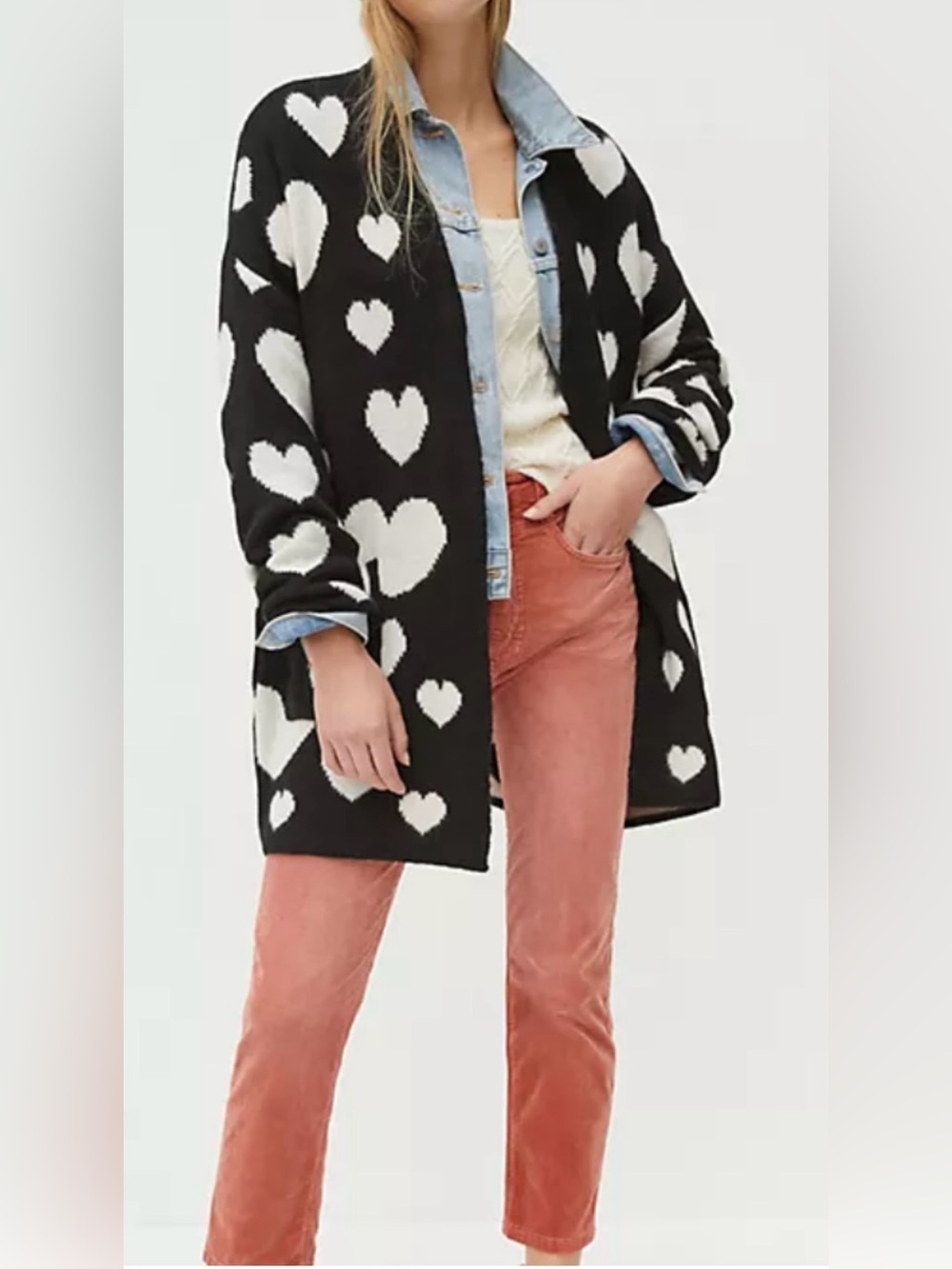 Maeve by Anthropologie Halley Hearts Open Front Cardigan Women XS/S Comfy Chic